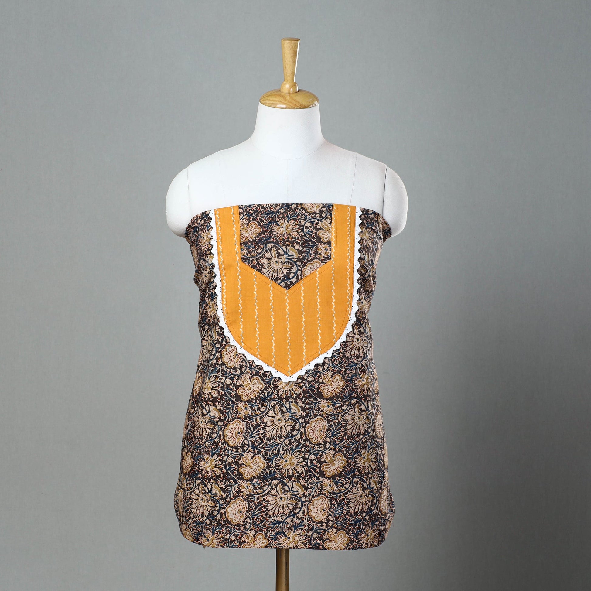 Brown - Kalamkari Print Patchwork Cotton Kurta Material (3m) 09