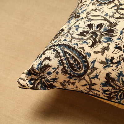 Beige - Block Print Cotton Kalamkari Cushion Cover (16 x 16 in) 70