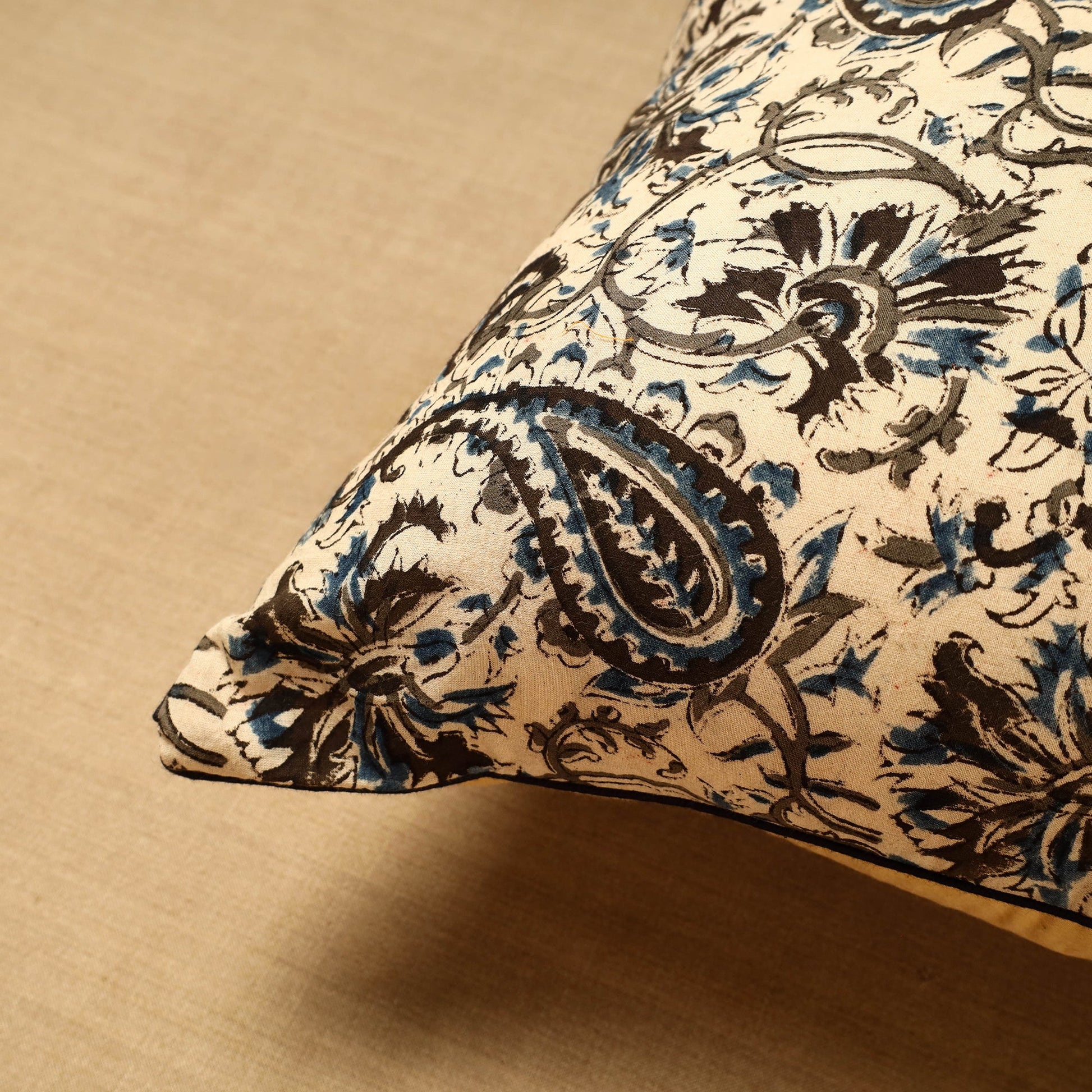 Beige - Block Print Cotton Kalamkari Cushion Cover (16 x 16 in) 70