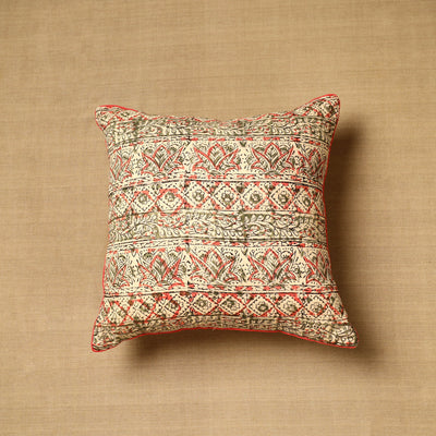 Beige - Block Print Cotton Kalamkari Cushion Cover (16 x 16 in) 71
