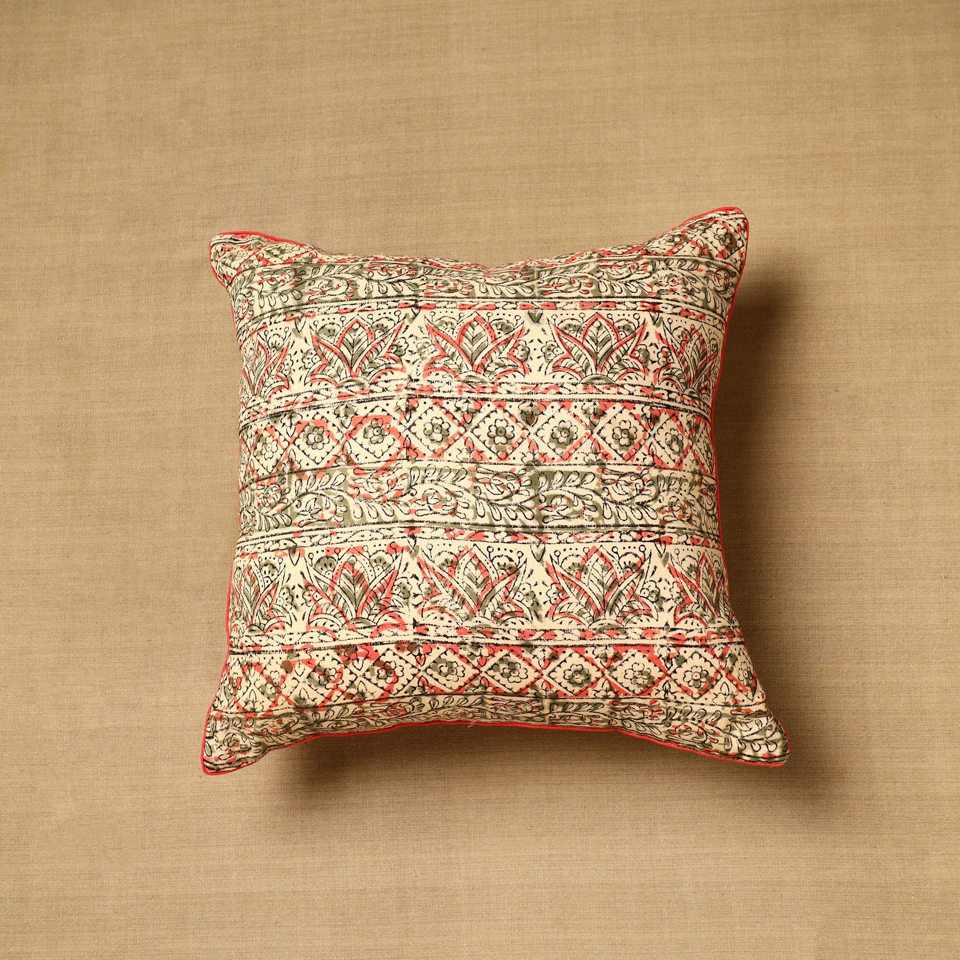 Beige - Block Print Cotton Kalamkari Cushion Cover (16 x 16 in) 71