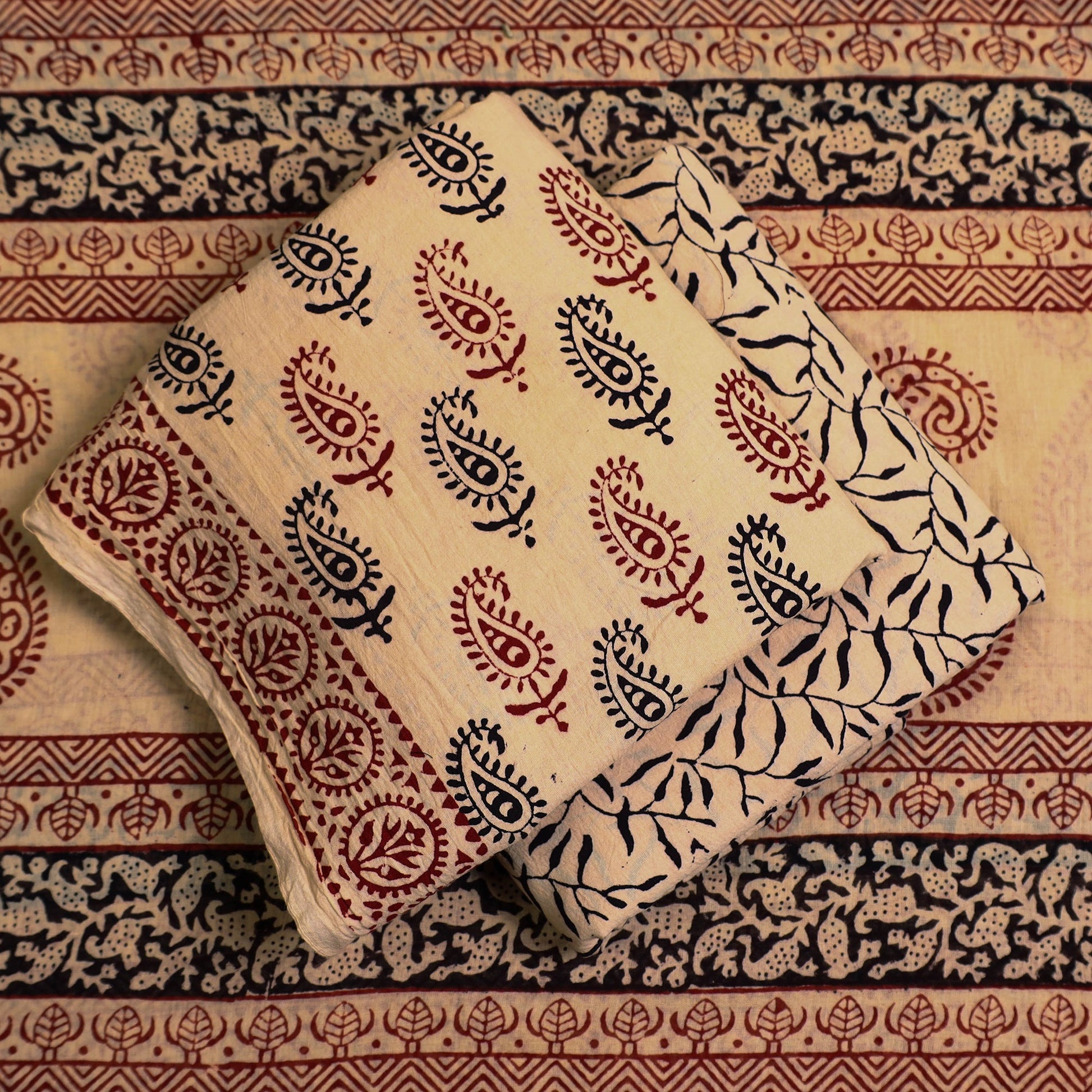 Beige - 3pc Natural Dyed Cotton Bagh Print Dress Material 12