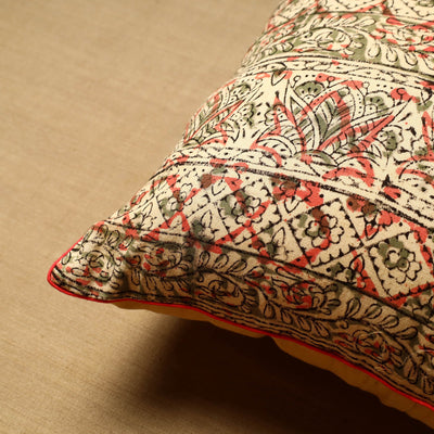Beige - Block Print Cotton Kalamkari Cushion Cover (16 x 16 in) 71