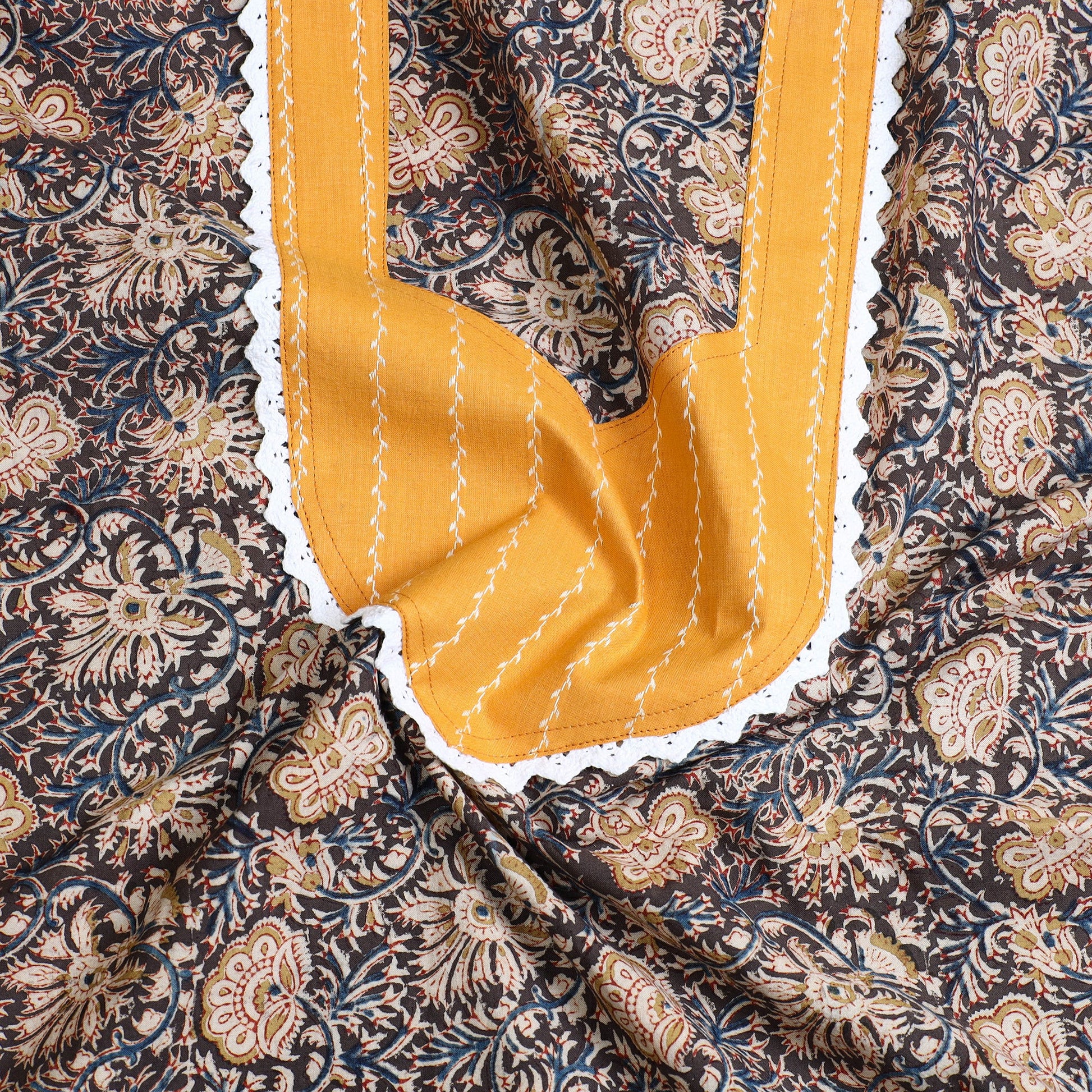 Brown - Kalamkari Print Patchwork Cotton Kurta Material (3m) 09