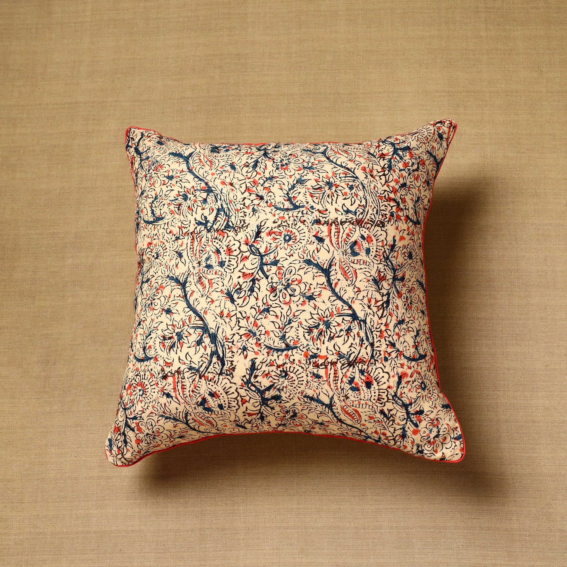 Beige - Block Print Cotton Kalamkari Cushion Cover (16 x 16 in) 74