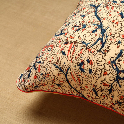 Beige - Block Print Cotton Kalamkari Cushion Cover (16 x 16 in) 74