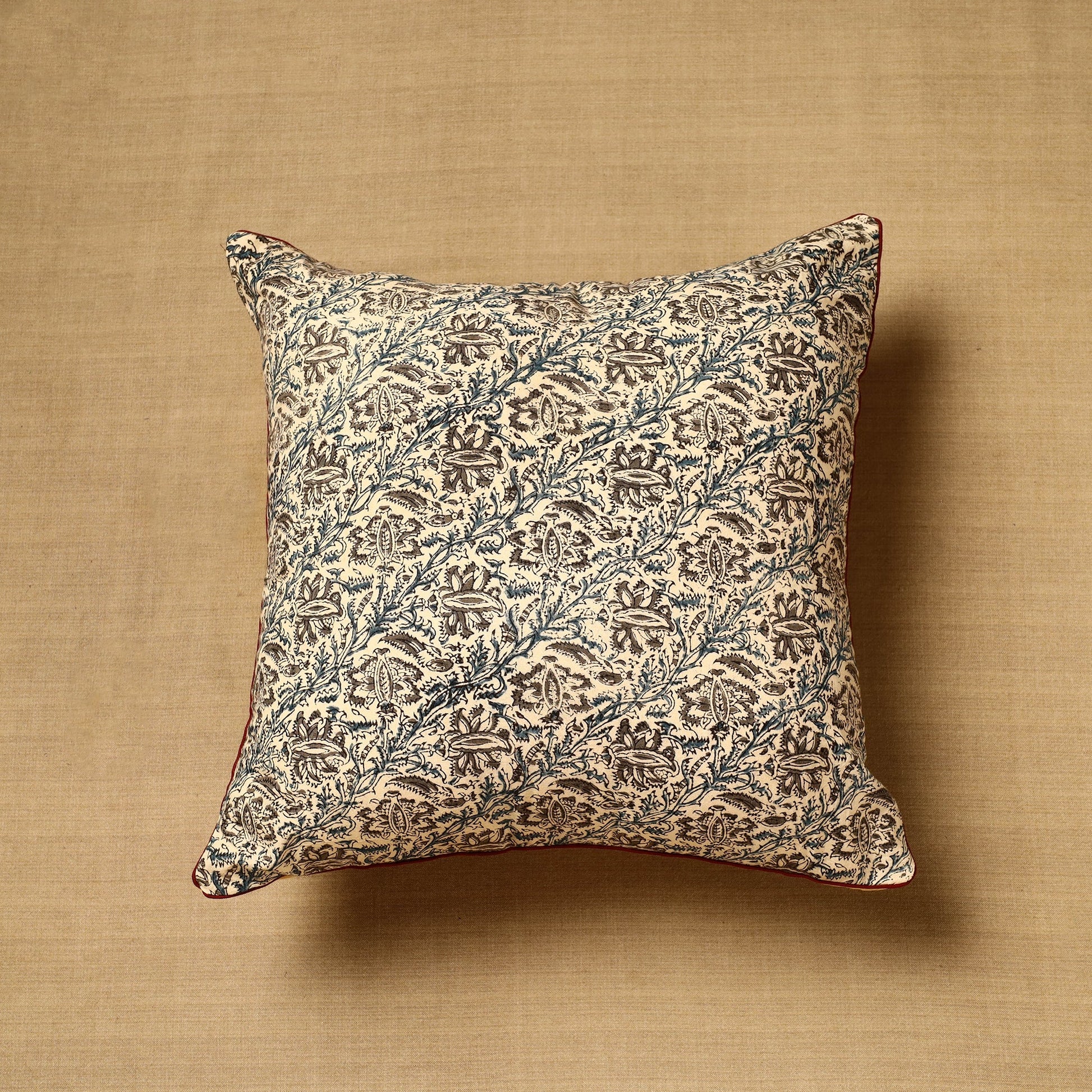Beige - Block Print Cotton Kalamkari Cushion Cover (16 x 16 in) 76