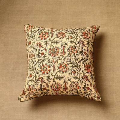 Beige - Block Print Cotton Kalamkari Cushion Cover (16 x 16 in) 78