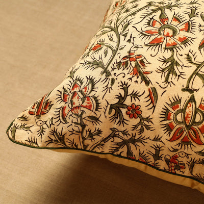 Beige - Block Print Cotton Kalamkari Cushion Cover (16 x 16 in) 78