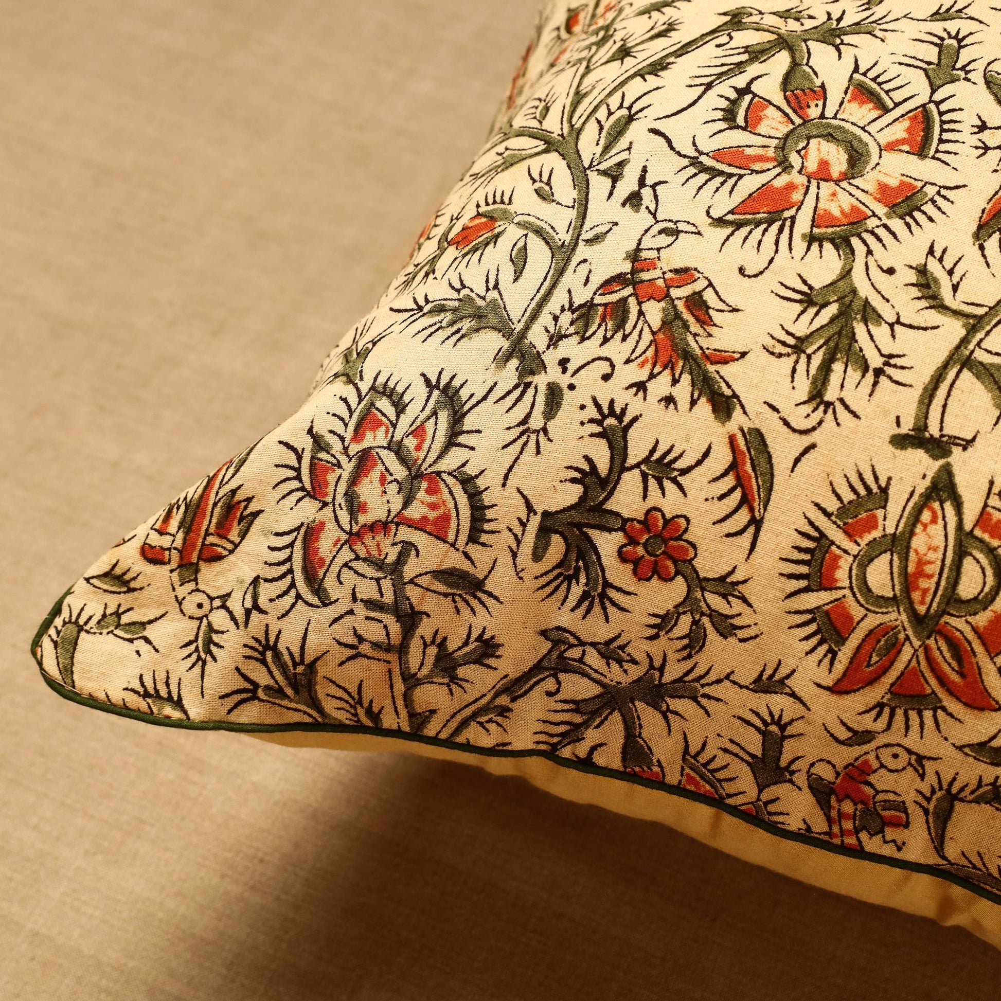 Beige - Block Print Cotton Kalamkari Cushion Cover (16 x 16 in) 78