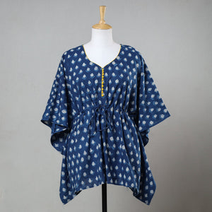 Blue - Bagru Block Printed Cotton Kaftan with Tie-Up Waist (Short)