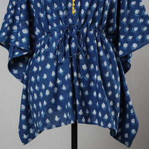 Blue - Bagru Block Printed Cotton Kaftan with Tie-Up Waist (Short)