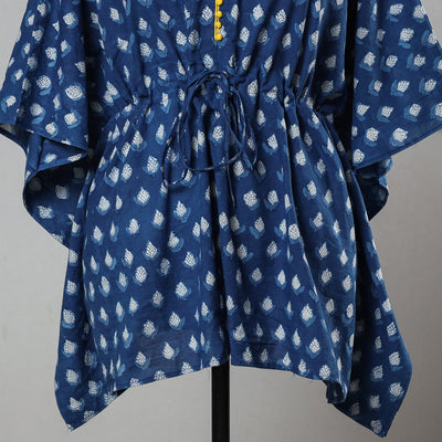 Blue - Bagru Block Printed Cotton Kaftan with Tie-Up Waist (Short)