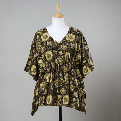 Black - Bagru Block Printed Cotton Kaftan with Tie-Up Waist (Short)