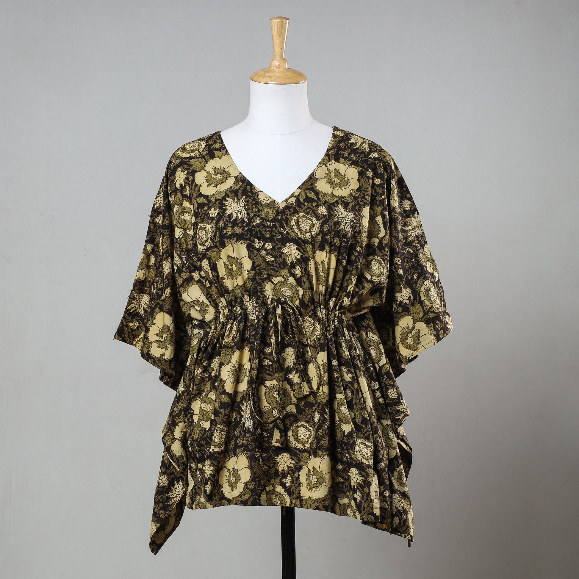 Black - Bagru Block Printed Cotton Kaftan with Tie-Up Waist (Short)