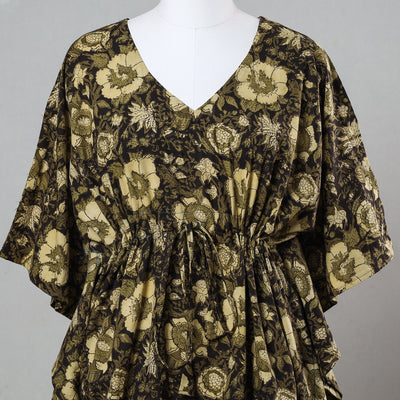 Black - Bagru Block Printed Cotton Kaftan with Tie-Up Waist (Short)