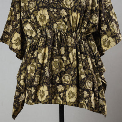 Black - Bagru Block Printed Cotton Kaftan with Tie-Up Waist (Short)