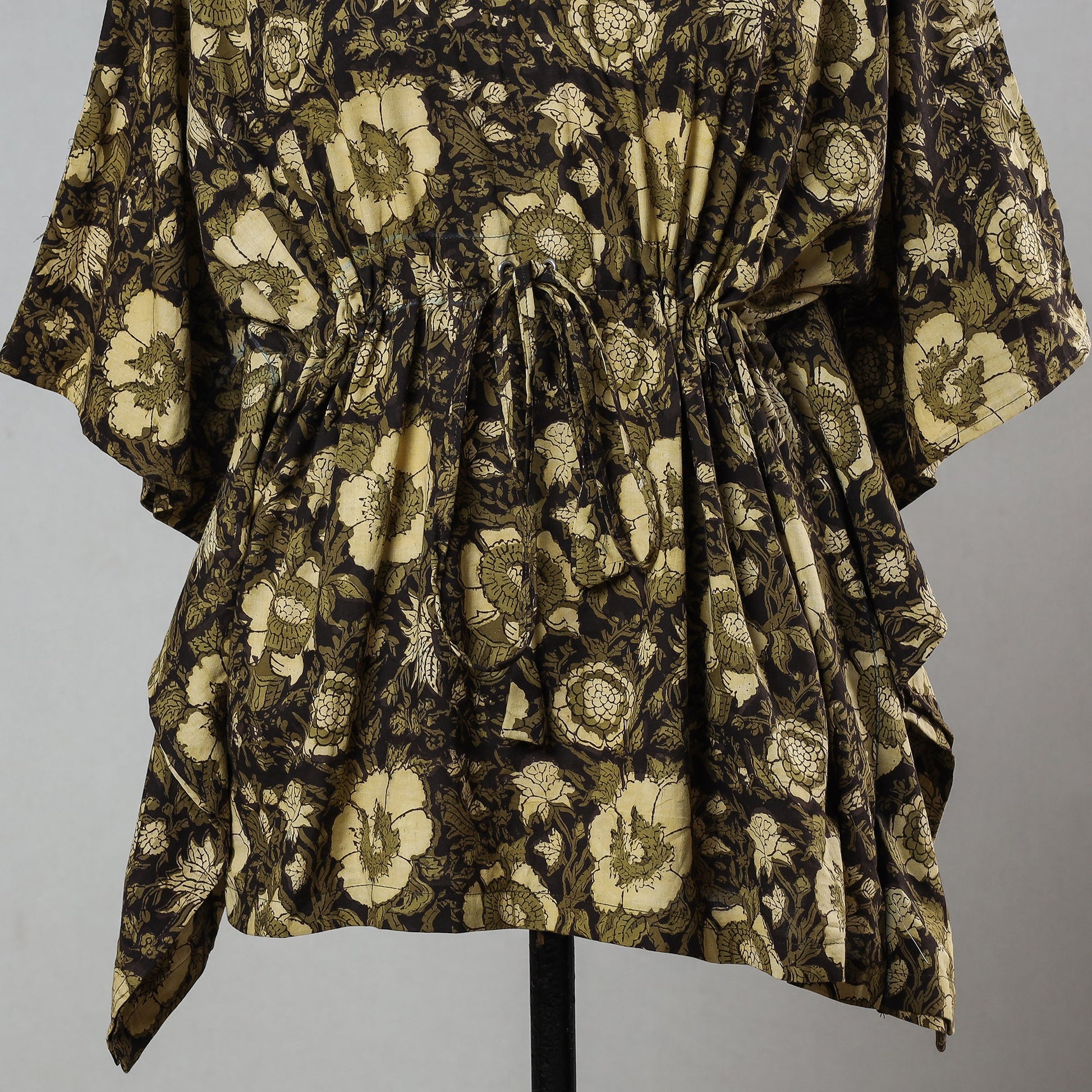 Black - Bagru Block Printed Cotton Kaftan with Tie-Up Waist (Short)