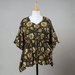 Black - Bagru Block Printed Cotton Kaftan with Tie-Up Waist (Short)