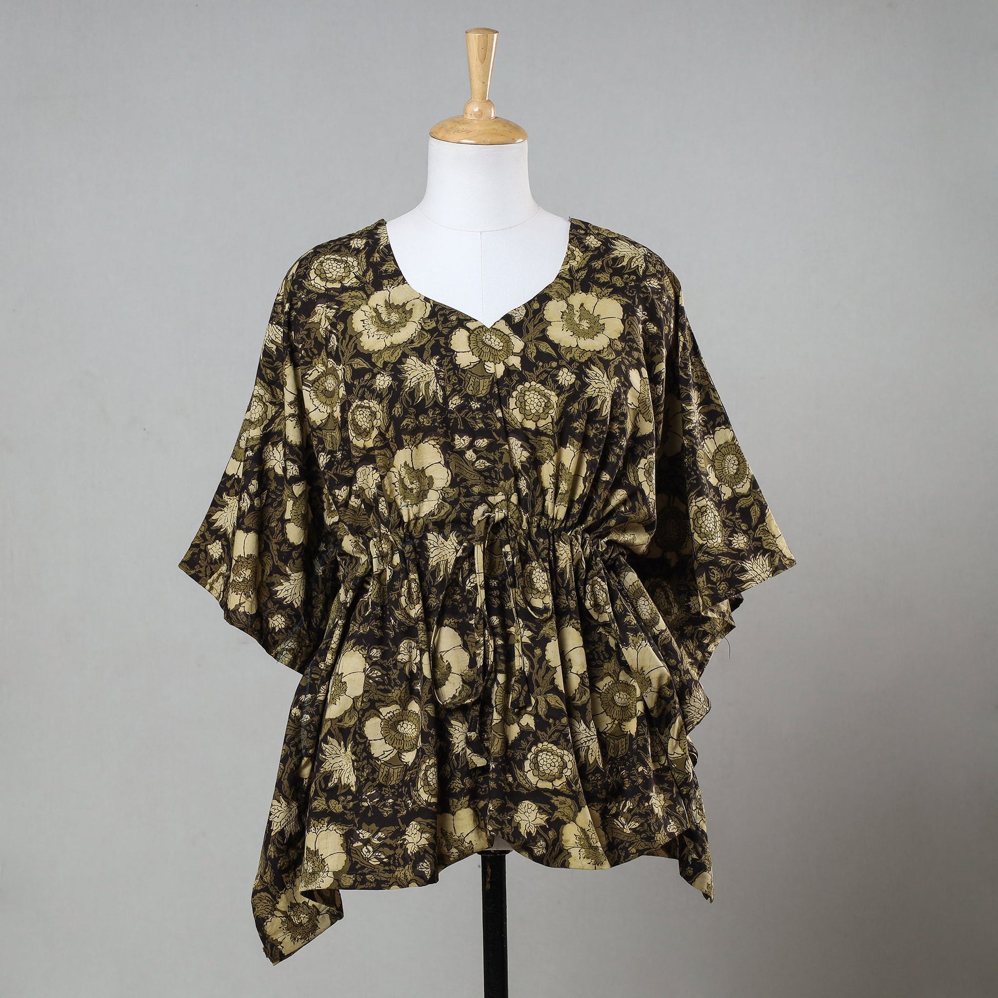 Black - Bagru Block Printed Cotton Kaftan with Tie-Up Waist (Short)