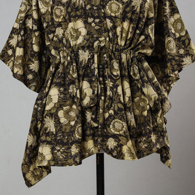 Black - Bagru Block Printed Cotton Kaftan with Tie-Up Waist (Short)