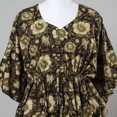 Black - Bagru Block Printed Cotton Kaftan with Tie-Up Waist (Short)