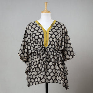 Black - Bagru Block Printed Cotton Kaftan with Tie-Up Waist (Short)