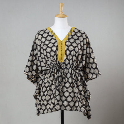 Black - Bagru Block Printed Cotton Kaftan with Tie-Up Waist (Short)