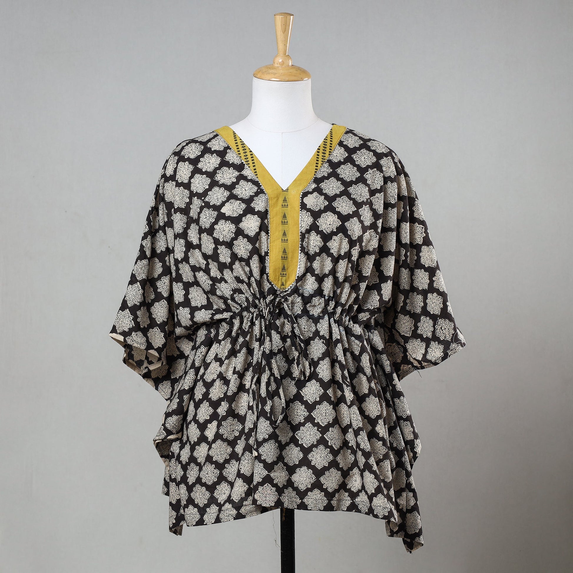 Black - Bagru Block Printed Cotton Kaftan with Tie-Up Waist (Short)
