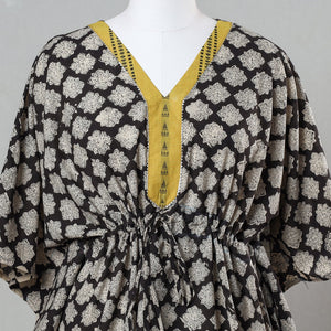 Black - Bagru Block Printed Cotton Kaftan with Tie-Up Waist (Short)
