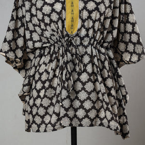 Black - Bagru Block Printed Cotton Kaftan with Tie-Up Waist (Short)