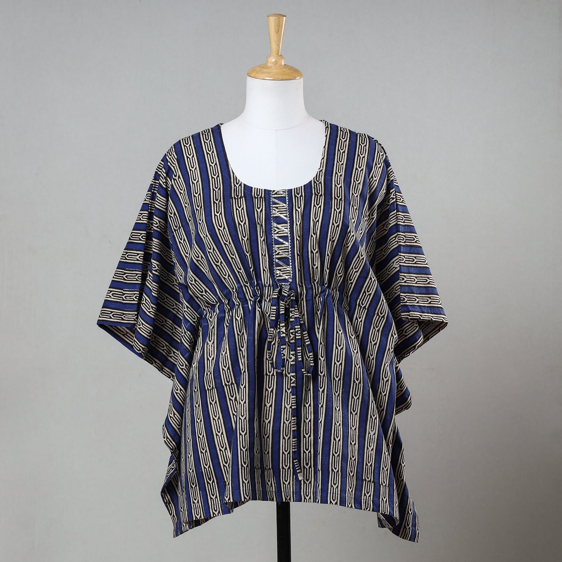Blue - Bagru Block Printed Cotton Kaftan with Tie-Up Waist (Short)