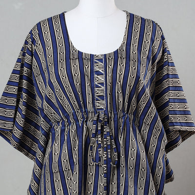 Blue - Bagru Block Printed Cotton Kaftan with Tie-Up Waist (Short)