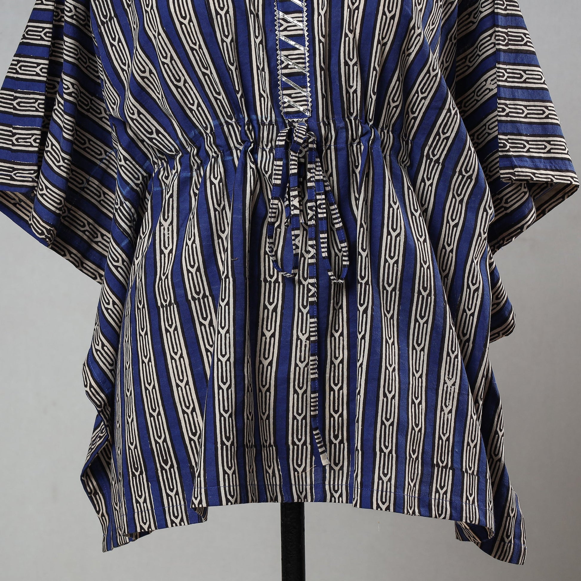 Blue - Bagru Block Printed Cotton Kaftan with Tie-Up Waist (Short)
