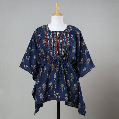 Blue - Bagru Block Printed Cotton Kaftan with Tie-Up Waist (Short)