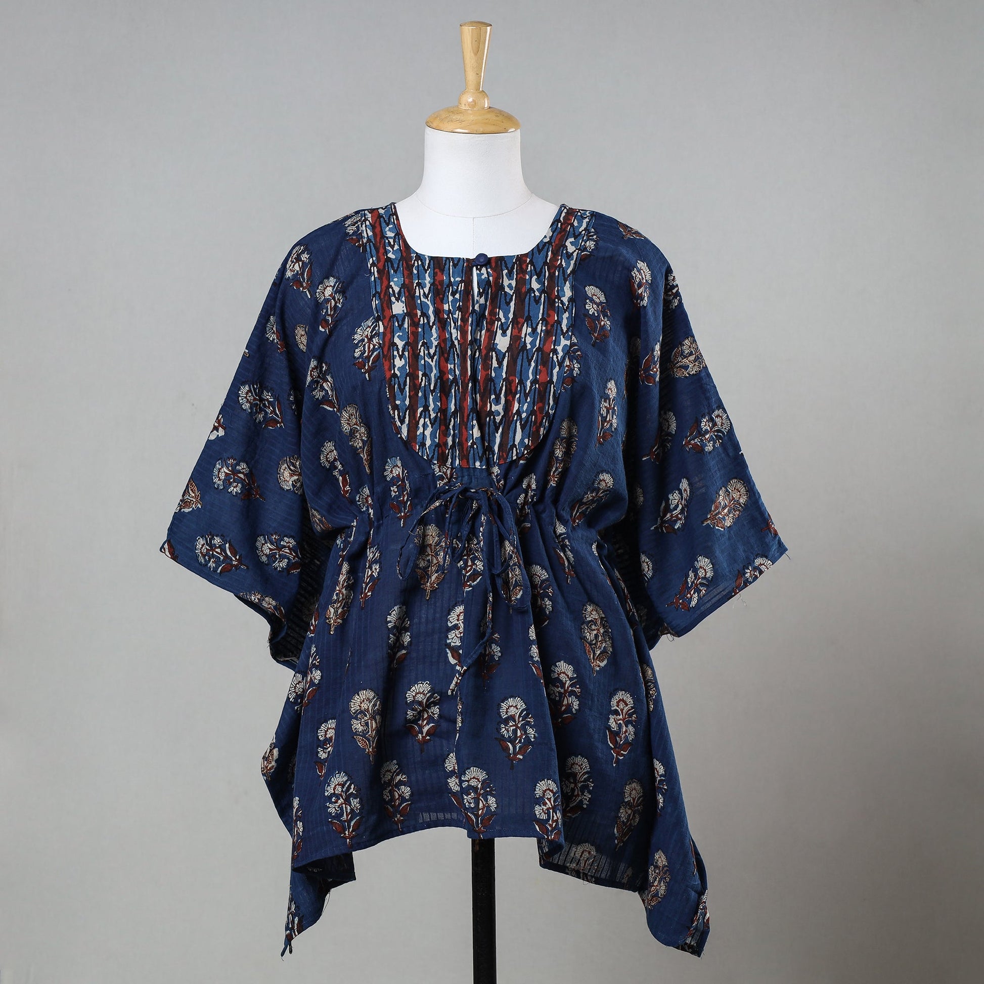 Blue - Bagru Block Printed Cotton Kaftan with Tie-Up Waist (Short)