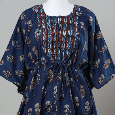 Blue - Bagru Block Printed Cotton Kaftan with Tie-Up Waist (Short)