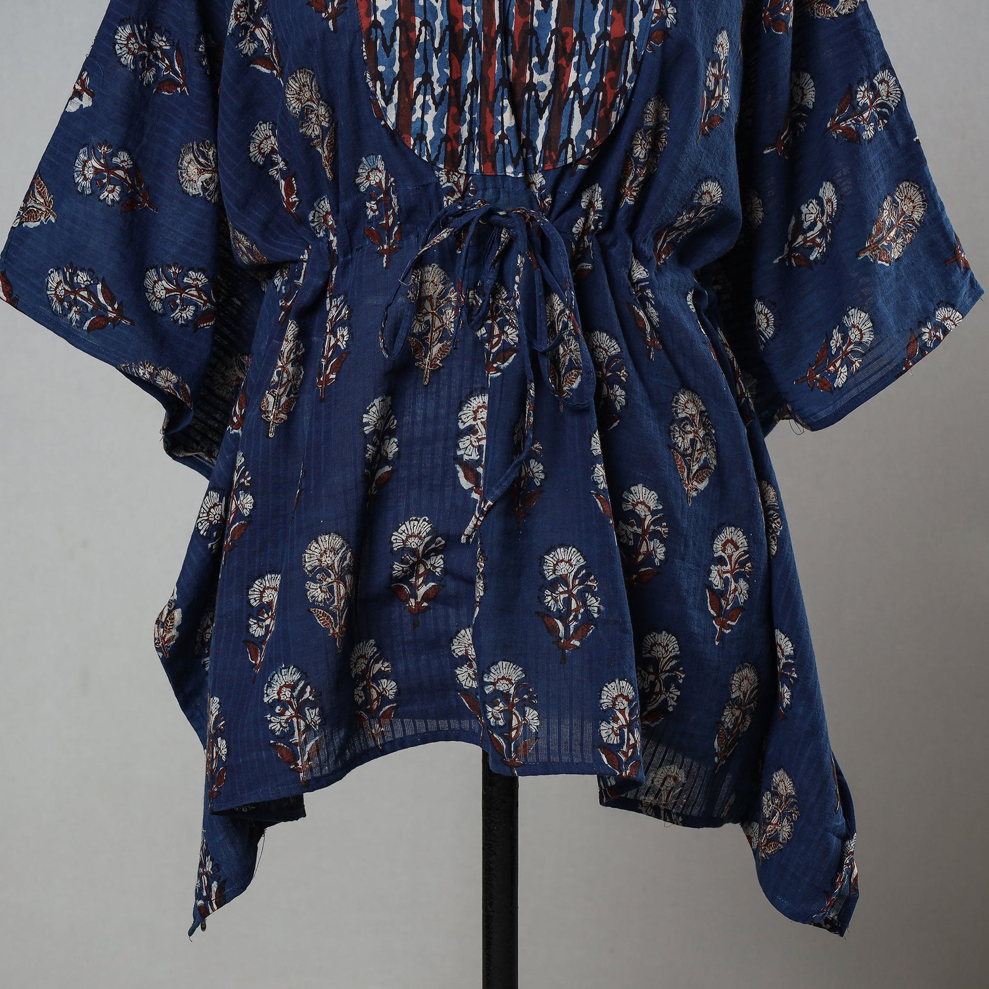 Blue - Bagru Block Printed Cotton Kaftan with Tie-Up Waist (Short)