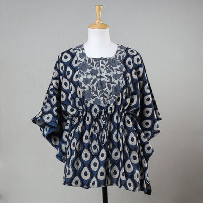 Blue - Bagru Block Printed Cotton Kaftan with Tie-Up Waist (Short)