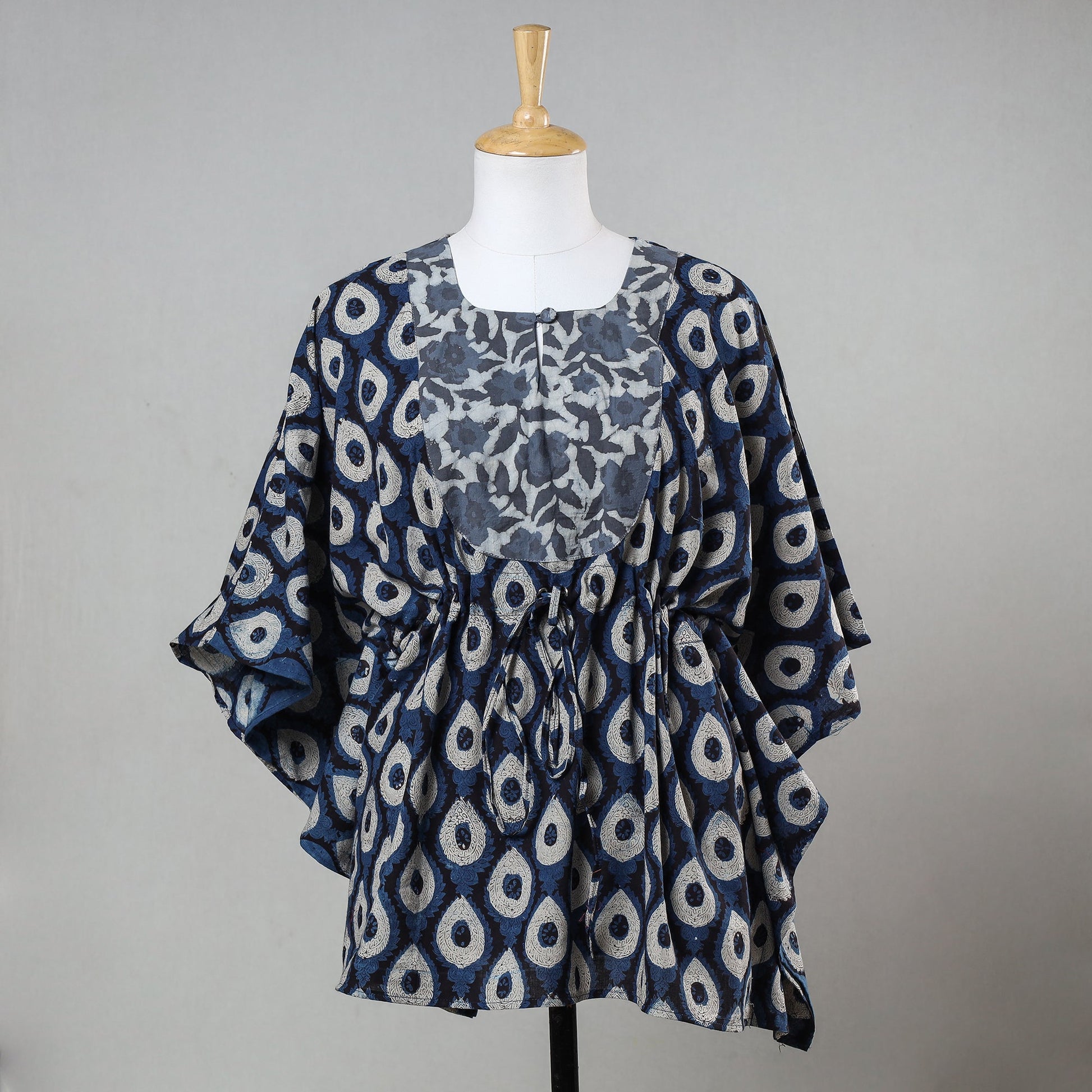 Blue - Bagru Block Printed Cotton Kaftan with Tie-Up Waist (Short)