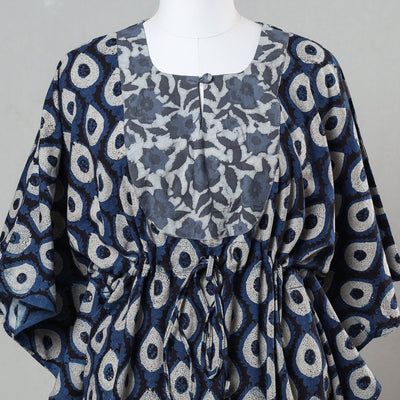 Blue - Bagru Block Printed Cotton Kaftan with Tie-Up Waist (Short)