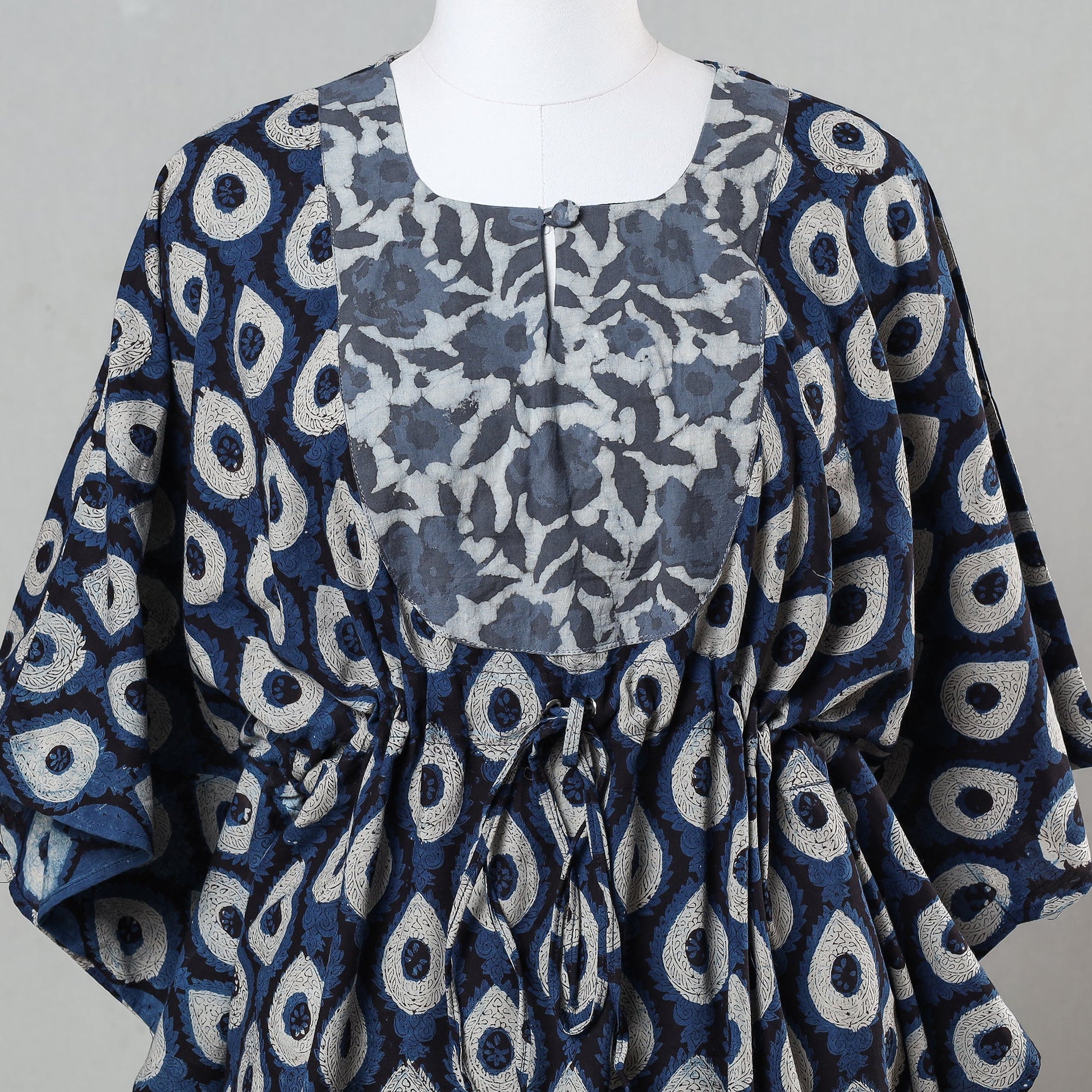 Blue - Bagru Block Printed Cotton Kaftan with Tie-Up Waist (Short)