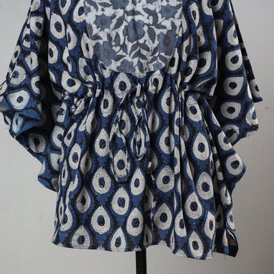 Blue - Bagru Block Printed Cotton Kaftan with Tie-Up Waist (Short)