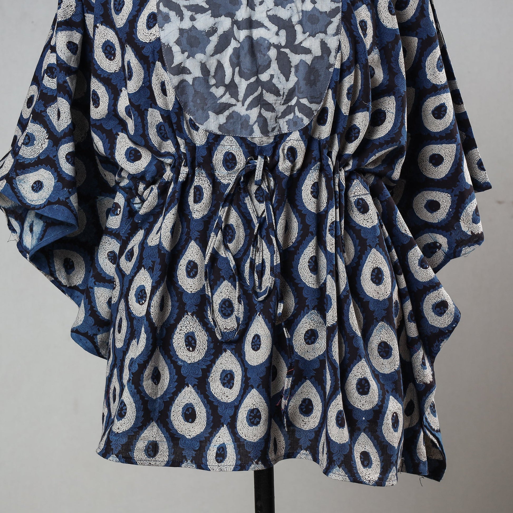 Blue - Bagru Block Printed Cotton Kaftan with Tie-Up Waist (Short)