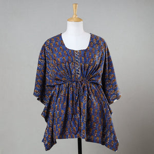 Blue - Bagru Block Printed Cotton Kaftan with Tie-Up Waist (Short)
