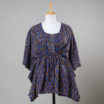 Blue - Bagru Block Printed Cotton Kaftan with Tie-Up Waist (Short)
