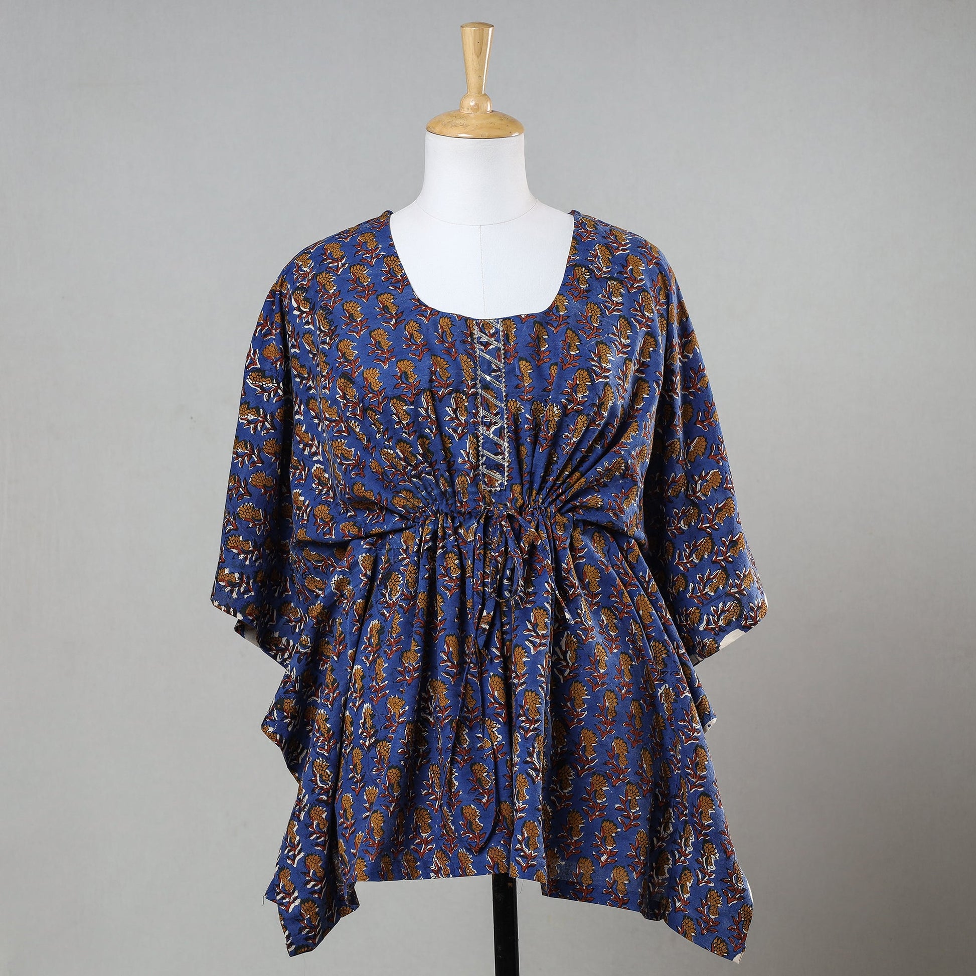 Blue - Bagru Block Printed Cotton Kaftan with Tie-Up Waist (Short)