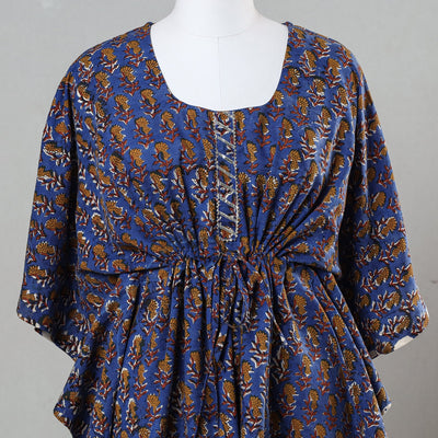 Blue - Bagru Block Printed Cotton Kaftan with Tie-Up Waist (Short)