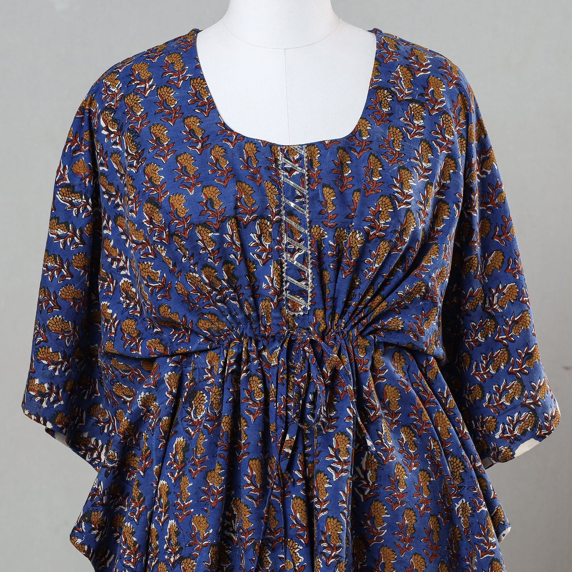 Blue - Bagru Block Printed Cotton Kaftan with Tie-Up Waist (Short)