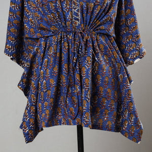 Blue - Bagru Block Printed Cotton Kaftan with Tie-Up Waist (Short)